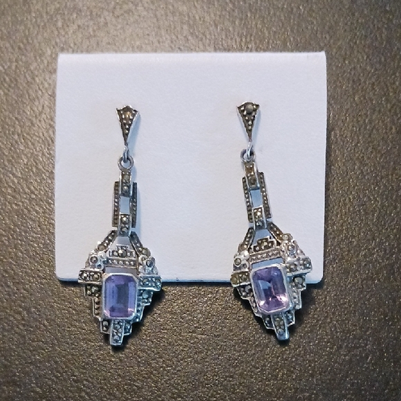 Jewelry - 925 Sterling Silver Amethyst Marcasite Earrings Vintage AMAZING